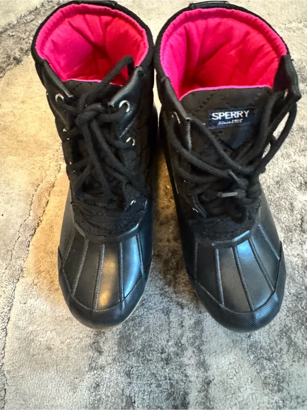 Sperry Black Kids Duck Boots with Pink Lining